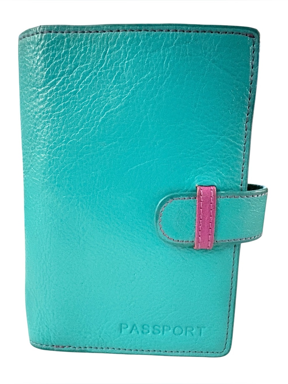 DANIER Turquoise Leather Passport Holder with Pink Accent - Travel Wallet